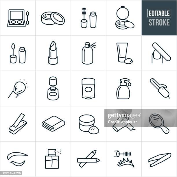 ilustraciones, imágenes clip art, dibujos animados e iconos de stock de iconos de línea fina de cosméticos - trazo editable - cuidado corporal y belleza