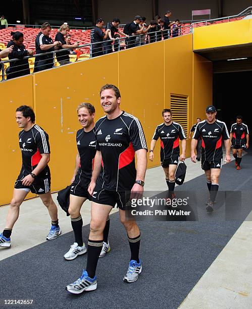 Zac Guildford, Andy Ellis, Kieran Read, Richie McCaw and Brad Thorn of the All Blacks walk out of the players tunnel for the New Zealand All Blacks...
