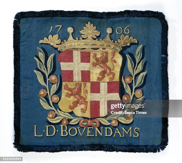 Cushion with the coat of arms of the Lekdijk Bovendams water board , magistrate cushion of carpet with the crowned coat of arms of Utrecht and the...