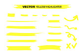 Yellow Highlighter Marker Strokes. Yellow watercolor hand drawn highlight set. Vector stock illustration.