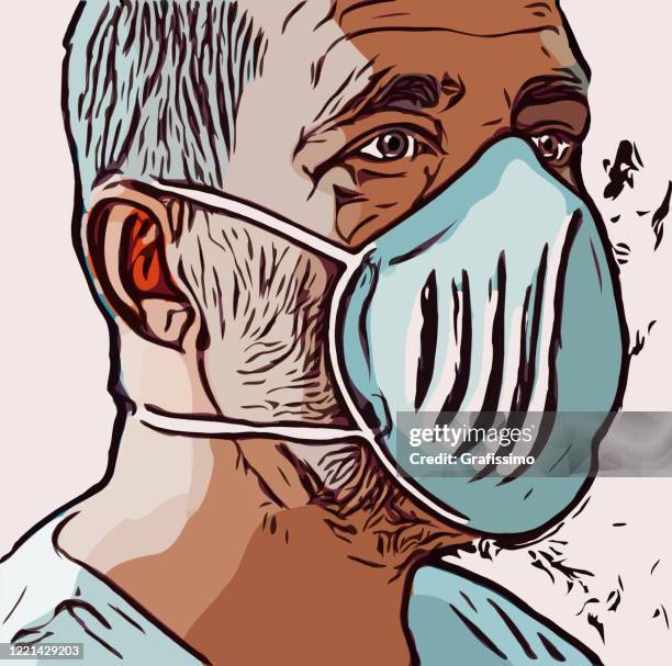 man with mouthguard afraid of coronavirus covid-19 drawing - mouthguard stock illustrations