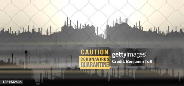 coronavirus quarantine chain link fence ,closed heavy industry landscape - chemical placard stock illustrations