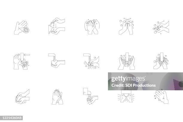 icons featuring handwashing during covid-10 pandemic - hand dryer stock illustrations