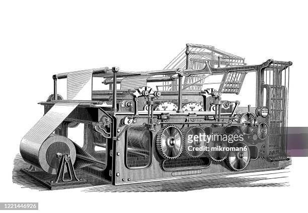 old engraved illustration - printing press, victory web newspaper-machine with folding apparatus - popular encyclopedia published 1894 - science journalism stock pictures, royalty-free photos & images