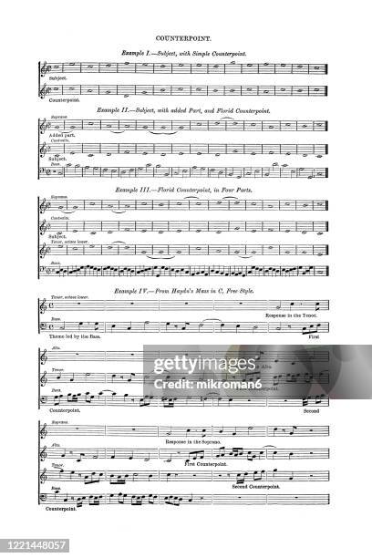 example counterpoint. old engraved illustration, popular encyclopedia published 1894 - music sheet stock pictures, royalty-free photos & images
