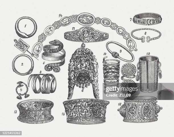 historical arm jewelry, wood engravings, published in 1893 - bangle stock illustrations