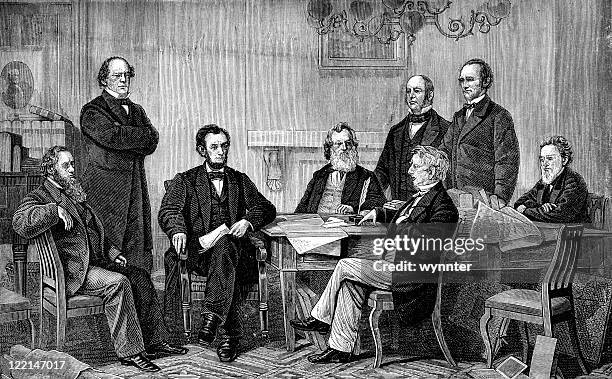 abraham lincoln signs emancipation proclamation - historical clothing stock illustrations