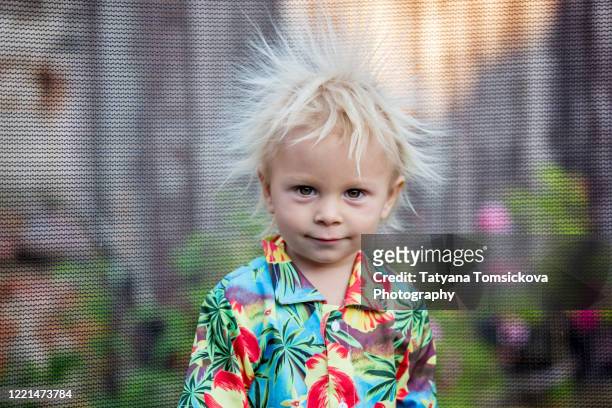 cute little boy with static electricy hair, having his funny portrait taken outdoors on a trampoline - electrical shock stockfoto's en -beelden