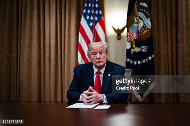 President Donald Trump meets with industry executives in the Cabinet Room of the White House April 27, 2020 in Washington, DC. Trump met with the...