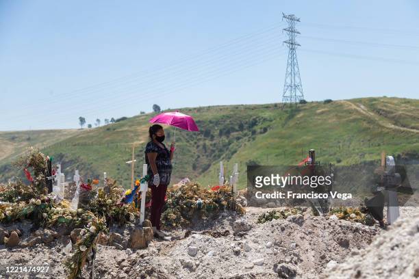 Woman with an umbrella stands at Panteon número 13 municipal cemetery on April 27, 2020 in Tijuana, Mexico. Baja California state remains as one of...