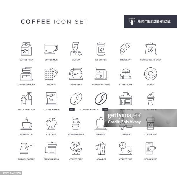 ilustraciones, imágenes clip art, dibujos animados e iconos de stock de café editable trazo line iconos - filtración