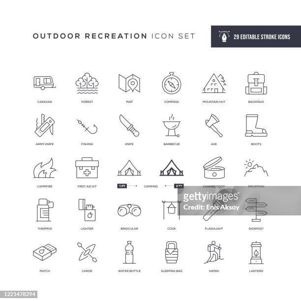 outdoor recreation editable stroke line icons - fishing hut stock illustrations