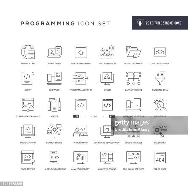 ilustraciones, imágenes clip art, dibujos animados e iconos de stock de programación de iconos de línea de trazo editables - software