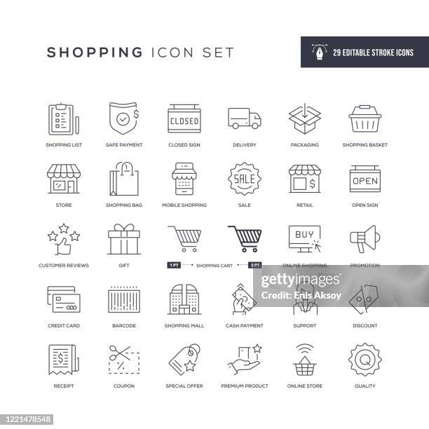 shopping editable stroke line icons - einkaufskorb stock-grafiken, -clipart, -cartoons und -symbole