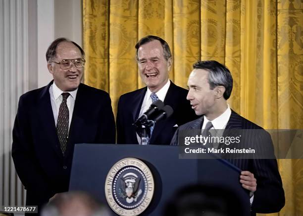 Justice David Souter delivers remarks from the podium in the East Room of the White House after being sworn in by Chief Justice of the United States...