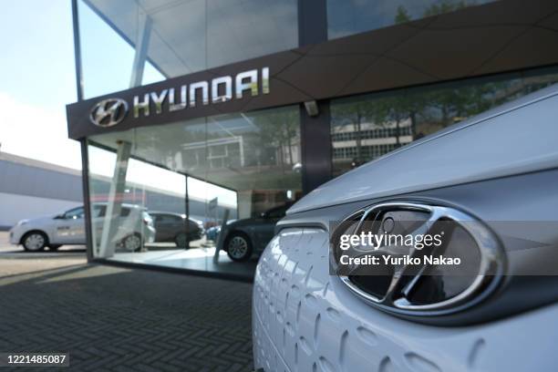 Logo of South-Korean car manufacturer Hyundai is pictured outside its dealer on April 26, 2020 in Katwijk, Netherlands.