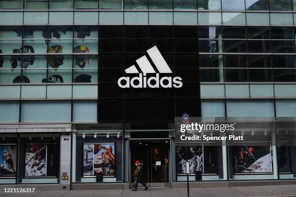 An Adidas store in Lower Manhattan is shown on April 27, 2020 in New York City. The German sportswear maker announced today first quarter profit...