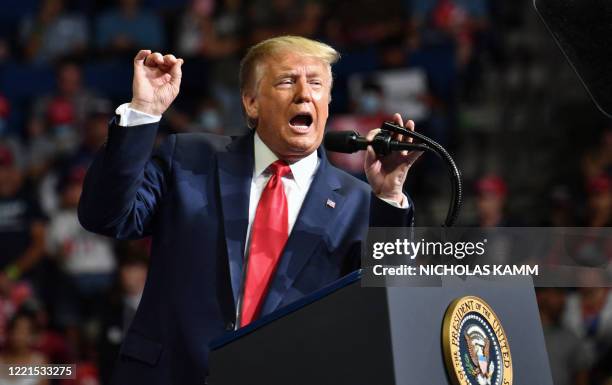 President Donald Trump speaks during a campaign rally at the BOK Center on June 20, 2020 in Tulsa, Oklahoma. Hundreds of supporters lined up early...