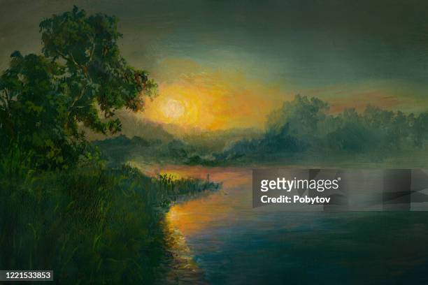 summer sunset on the river, oil painting - impressionism stock illustrations