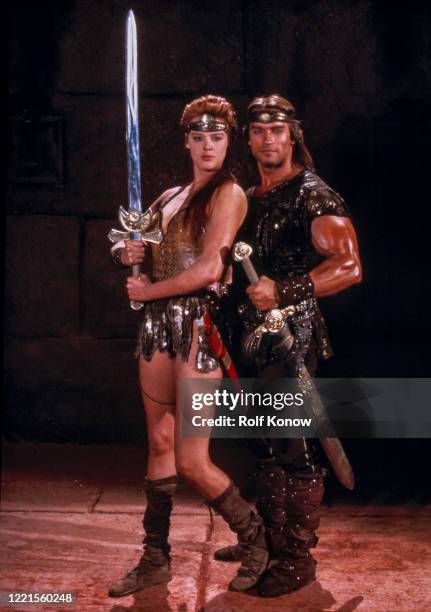 Brigitte Nielsen and Arnold Schwarzenegger in "Red Sonja", directed by Richard Fleischer, Rome, Italy, 1984