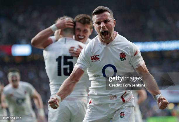 England's George Ford celebrates after Elliot Daly scored the 2nd England try during the England v Wales Six Nations international rugby union match...