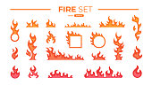 Fire flame set isolated. Icons. Flat style vector illustration. Flame, fire, torch, campfire. Cute cartoon design. Orange and yellow colors. Realistic template.