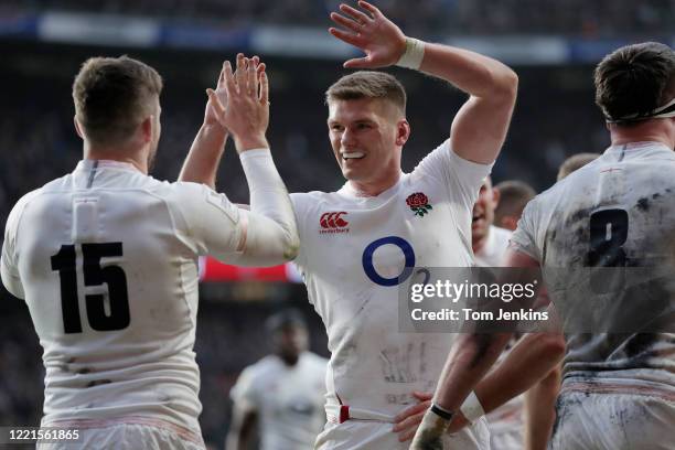 England captain Owen Farrell celebrates with Elliot Daly after he scored the 2nd England try during the England v Wales Six Nations international...