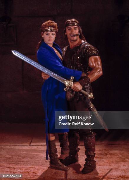 Brigitte Nielsen and Arnold Schwarzenegger in "Red Sonja", directed by Richard Fleischer, Rome, Italy, 1984