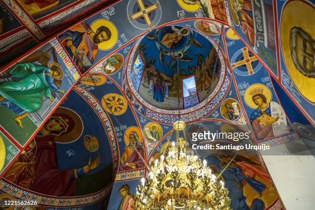 colorful frescos in ceiling of an orthodox church in kosovo - kosovo stock pictures, royalty-free photos & images