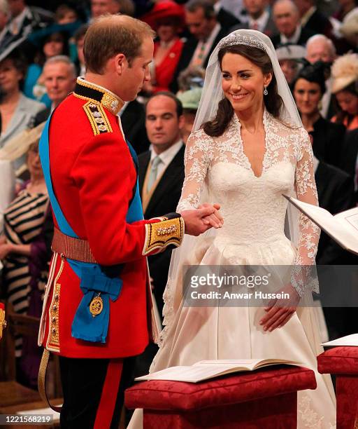 Prince William and Catherine Middleton exchange vows during their Royal Wedding at Westminster Abbey on April 29, 2011 in London, England.