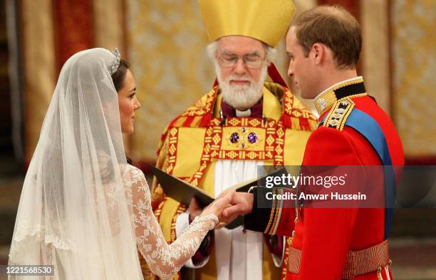 Prince William and Catherine Middleton are married by the Archbishop of Canterbury at Westminster Abbey on April 29, 2011 in London, England.