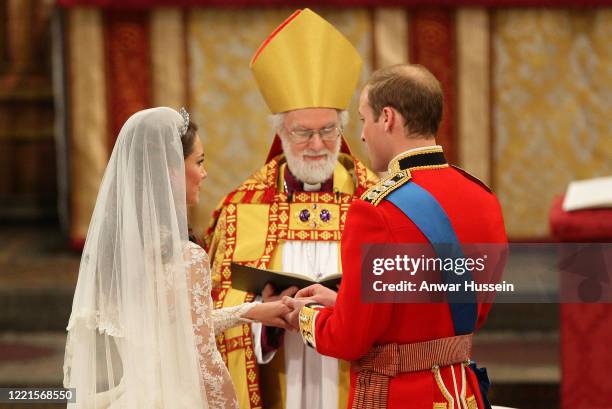 Prince William and Catherine Middleton are married by the Archbishop of Canterbury at Westminster Abbey on April 29, 2011 in London, England.