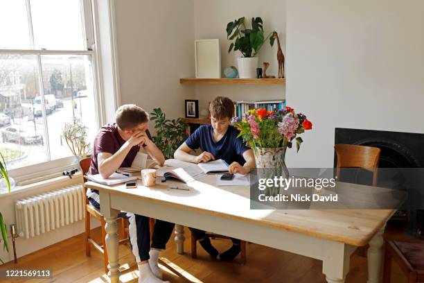 2 teenage boys working and studying together at home sitting at the kitchen table. - book on table foto e immagini stock