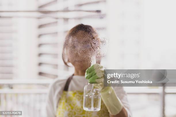 woman cleaning in the living room of her home. - attrezzi per le pulizie foto e immagini stock
