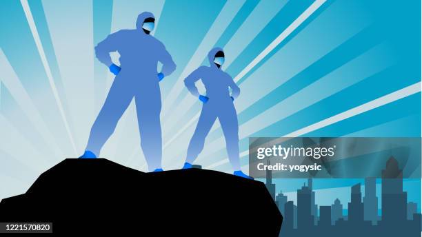 ilustrações de stock, clip art, desenhos animados e ícones de vector healthcare workers in ppe as superheroes stock illustration - serviços-essenciais