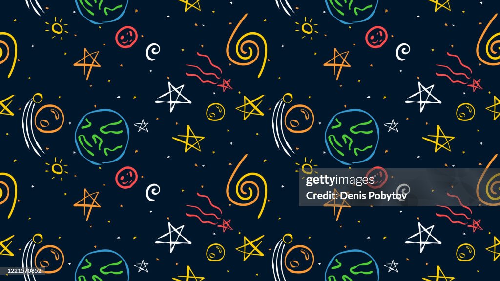 Handdrawn Cartoon Seamless Space Background Stars Planets And Galaxies  High-Res Vector Graphic - Getty Images