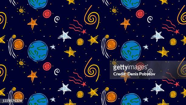 Handdrawn Cartoon Seamless Space Background Stars Planets And Galaxies  High-Res Vector Graphic - Getty Images
