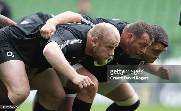 The England front row Dan Cole, Steve Thompson and Andrew Sheridan practice their scrummaging during the England captain's run held at the Aviva...