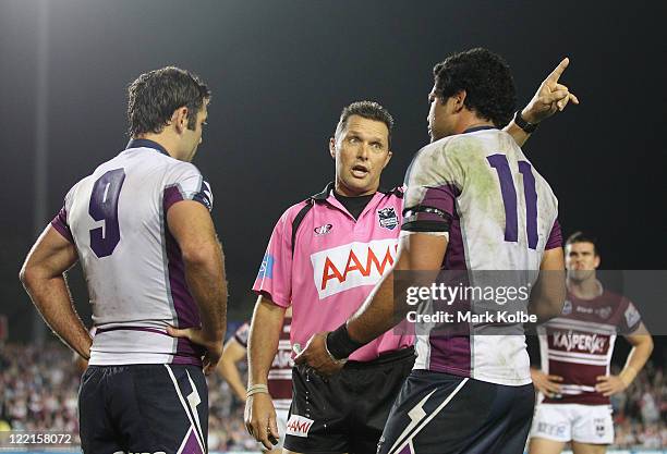 Referee Shayne Hayne sends Adam Blair of the Storm off for fighting during the round 25 NRL match between Manly Sea Eagles and the Melbourne Storm at...