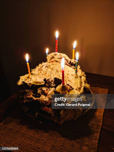 birthday chocolate cake that fell apart - ugly bald man stock-fotos und bilder