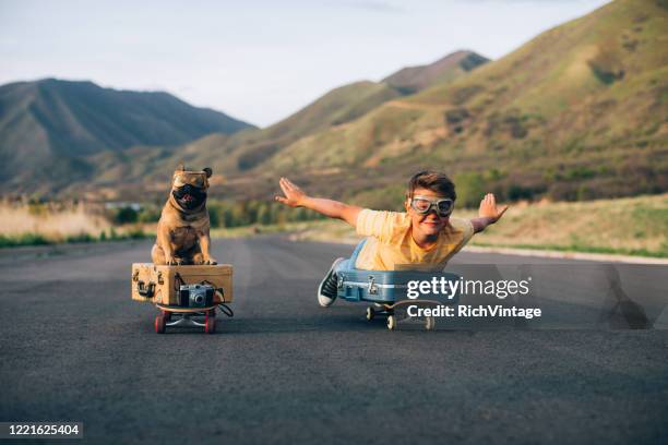 reizende jongen en zijn hond - flying goggles stockfoto's en -beelden