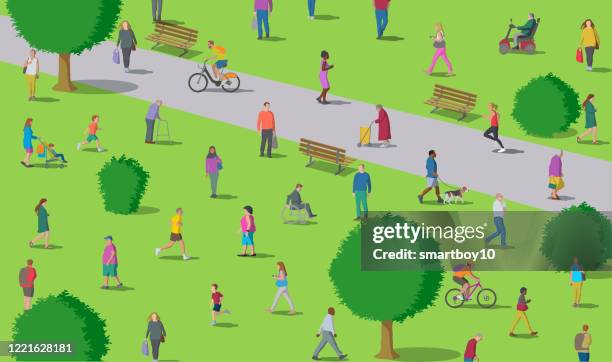 soziale zersagung im park - walking illustration stock-grafiken, -clipart, -cartoons und -symbole