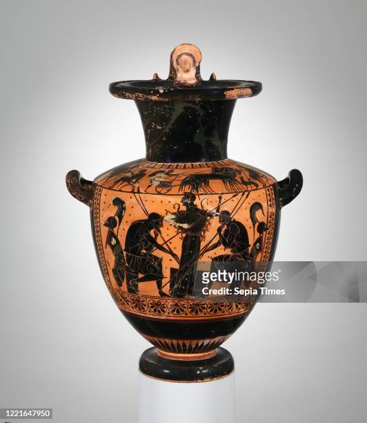 Terracotta hydria , Archaic, ca. 510 B.C., Greek, Attic, Terracotta; black-figure, H. 21 5/16 in. , Vases, On the body, Achilles and Ajax playing...
