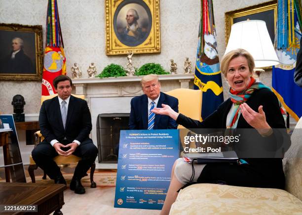 White House Coronavirus Task Force Coordinator Deborah Birx answers a question while meeting with Florida Gov. Ron DeSantis and U.S. President Donald...