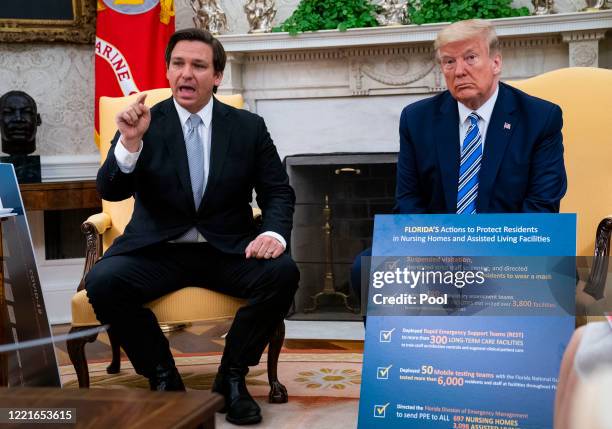 Florida Gov. Ron DeSantis speaks while meeting with U.S. President Donald Trump in the Oval Office of the White House on April 28, 2020 in...