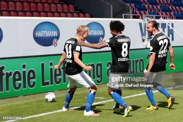 Joel Pohjanpalo of Hamburger SV, Jeremy Dudziak of Hamburger SV and Martin Harnik of Hamburger SV celebrates after scoring his team's first goal with...