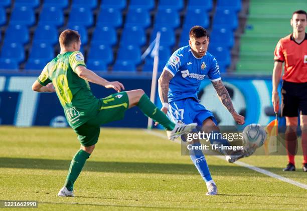 Mathias Olivera of Getafe CF controls the ball during the Liga match between Getafe CF and SD Eibar SAD at Coliseum Alfonso Perez on June 20, 2020 in...