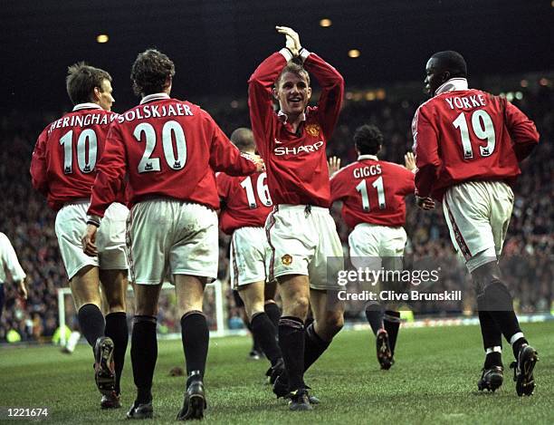 Nicky Butt of Manchester United aknowledges the crowd after Manchester United won the FA Carling Premiership match against Blackburn Rovers played at...