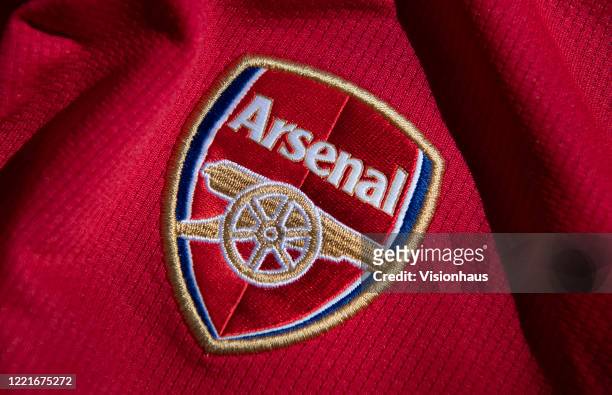 The Arsenal club crest on a first team shirt on April 24, 2020 in Manchester, England