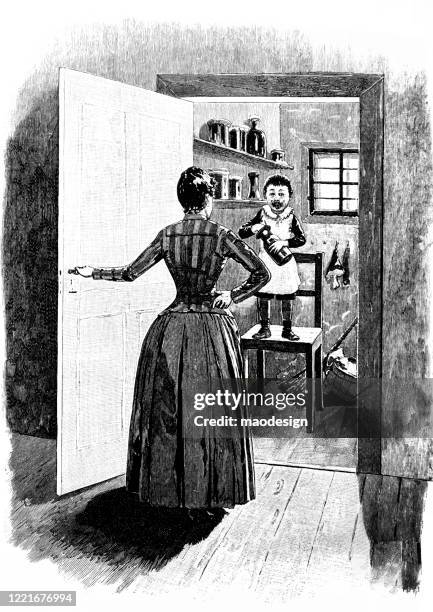 mom surprised her son for eating sweets in the storage room - old fashioned candy stock illustrations